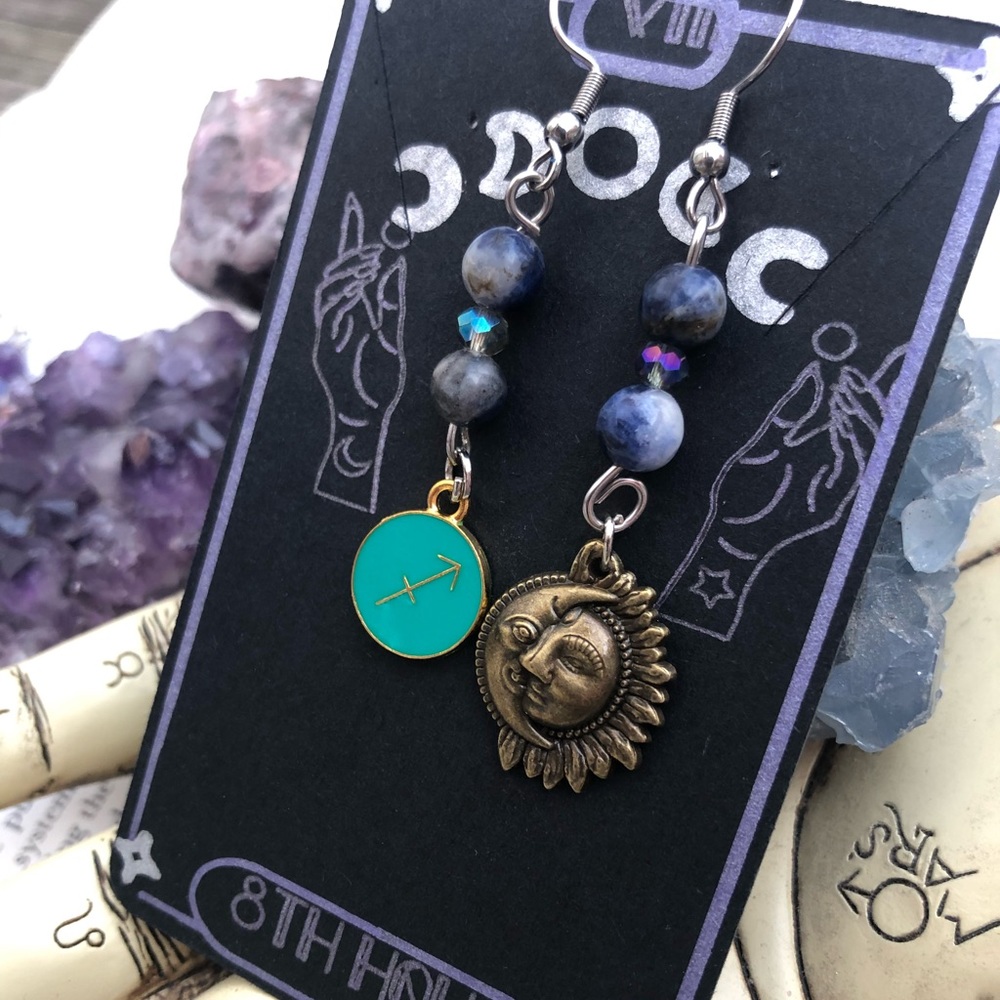 Sagittarius Zodiac Earrings with Sodalite Gemstone Beads